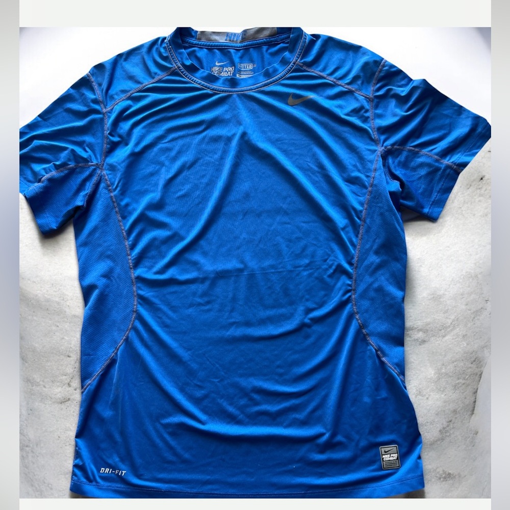 Nike Pro Combat‎ Mens L Blue Dri-FIT Fitted Compression Shirt